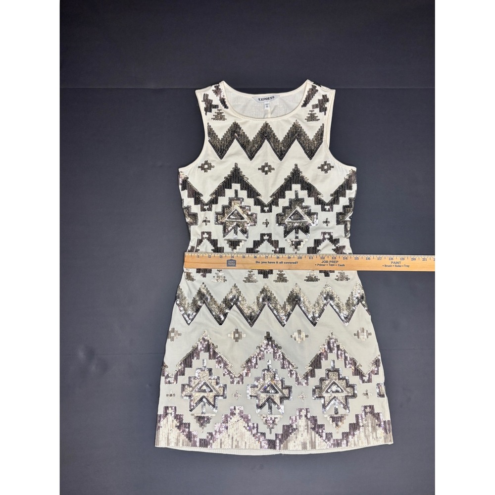 Express Tribal Sequin Aztec Sheath Dress - White & Silver Sleeveless Size Med - Picture 3 of 6